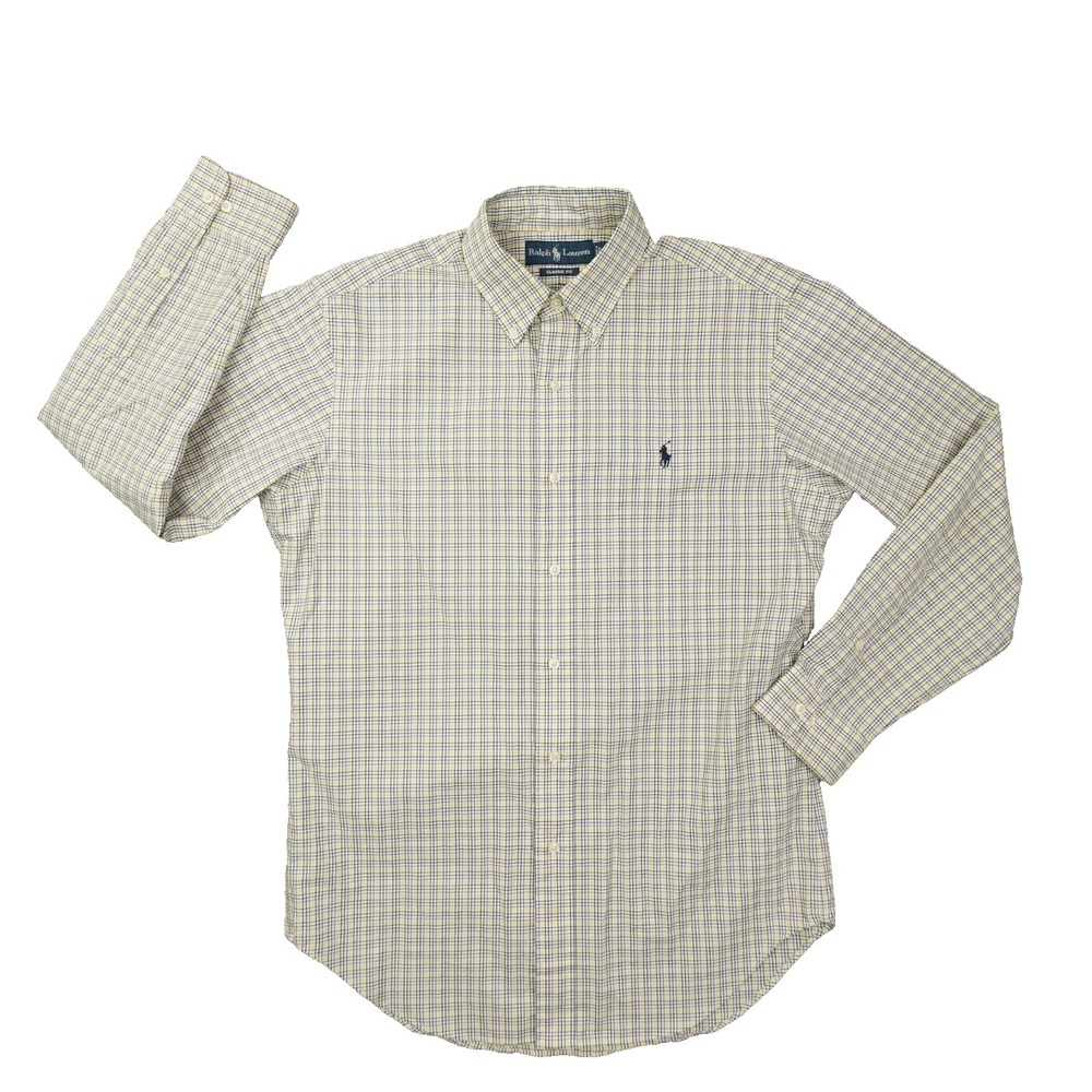 Ralph Lauren Classic Fit Button Up Dress Shirt Men's 15 32/33 Yellow Blue Plaid